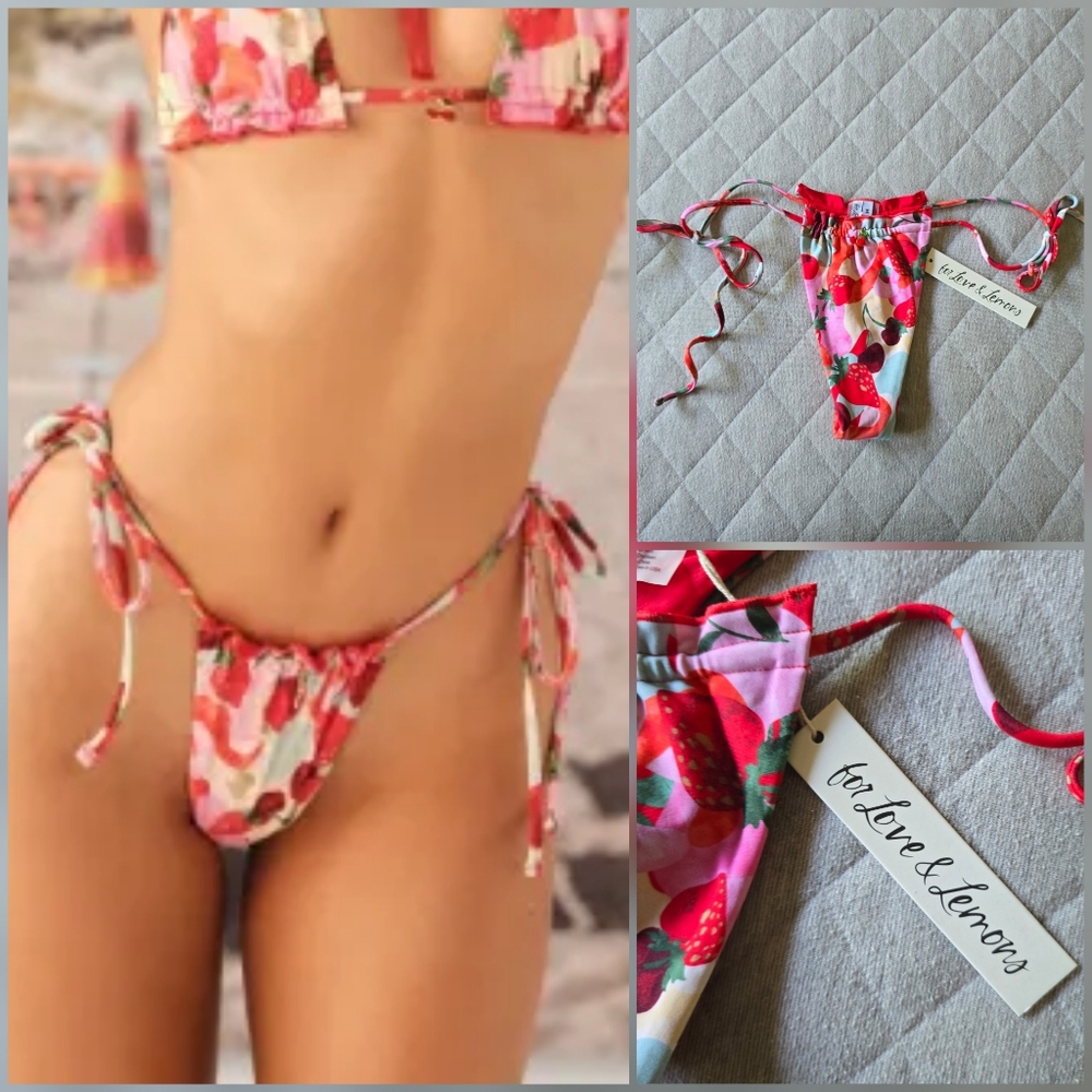 For Love and Lemons String Cheekyโ Bikini Bottoms Medium Fruit Cherry Strawberry